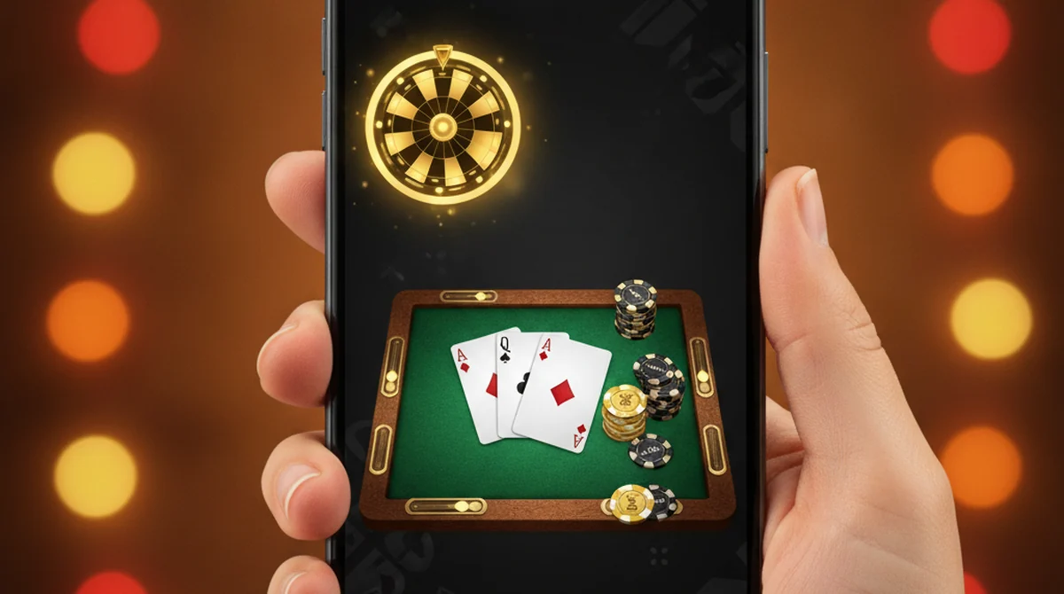 A smartphone displaying a VIP 3 Patti style black-and-gold premium lobby with 3-card tables and a VIP badge.